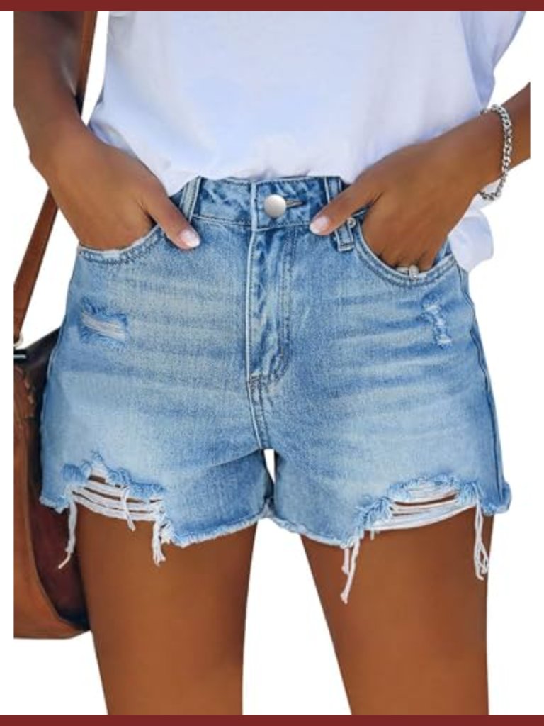 Distressed Denim Shorts For Women Ripped High Rise 5 Pockets Frayed Raw Hem